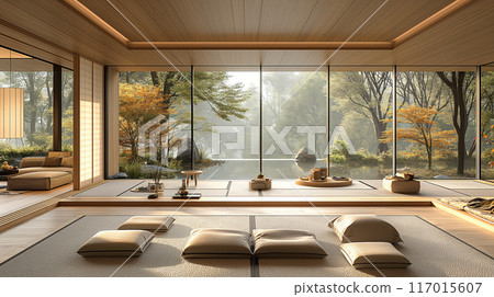 Modern living room interior design japanese style, light wood and wooden floor with garden view autumn relaxation atmosphere and Morning light. 117015607