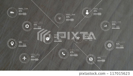 Image of network of icons and data processing over landscape 117015623