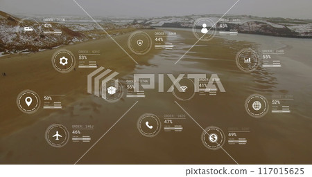 Image of network of icons and data processing over landscape Image of network of icons and data processing over landscape 117015625