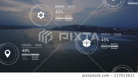 Image of network of icons and data processing over landscape 117015631