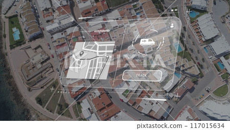 Image of screen with data processing over cityscape Image of screen with data processing over cityscape 117015634