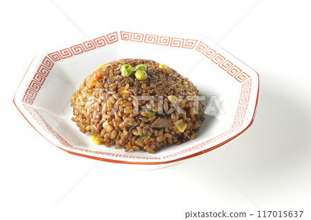 Burnt soy sauce fried rice photographed on a white background 117015637