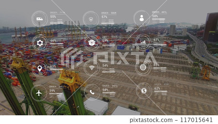 Image of network of icons and data processing over landscape 117015641