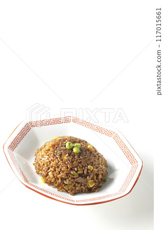 白色背景下拍攝的燒焦的醬油炒飯 117015661