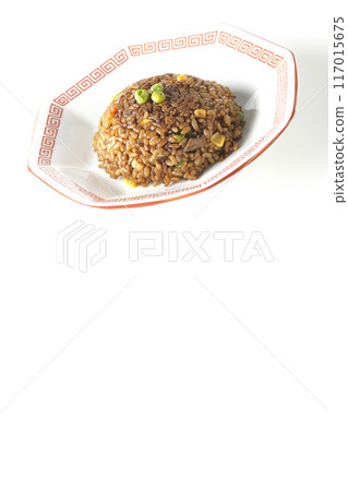 Burnt soy sauce fried rice photographed on a white background 117015675