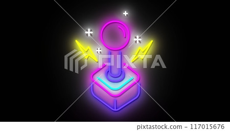 Image of neon image game joystick with neon light trails on black background 117015676