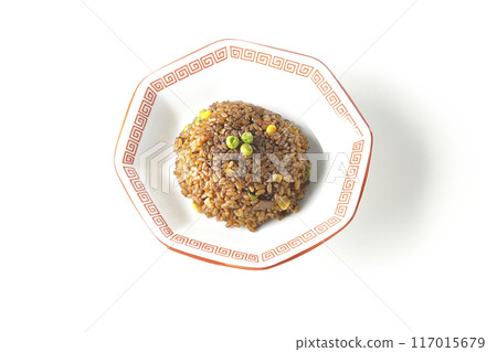 Burnt soy sauce fried rice photographed on a white background Burnt soy sauce fried rice photographed on a white background 117015679