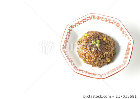 白色背景下拍攝的燒焦的醬油炒飯 117015681