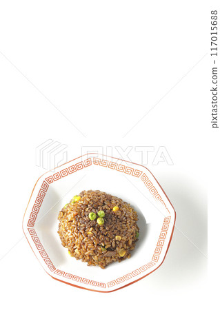 白色背景下拍攝的燒焦的醬油炒飯 117015688