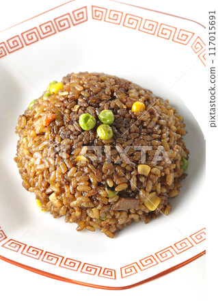 Burnt soy sauce fried rice photographed on a white background 117015691