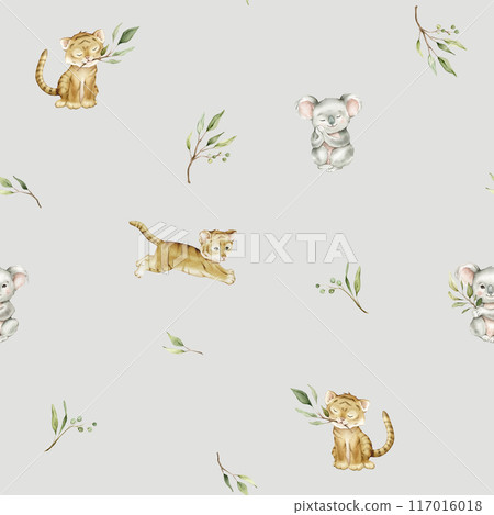 Seamless pattern with green eucalyptus leaves and cute tiger and koala. Watercolor isolated illustration on greybackground. Cartoon kids print with animals minimalist scandinavian style. Seamless pattern with green eucalyptus leaves and cute tiger and koala. Watercolor isolated illustration on greybackground. Cartoon kids print with animals minimalist scandinavian style. 117016018