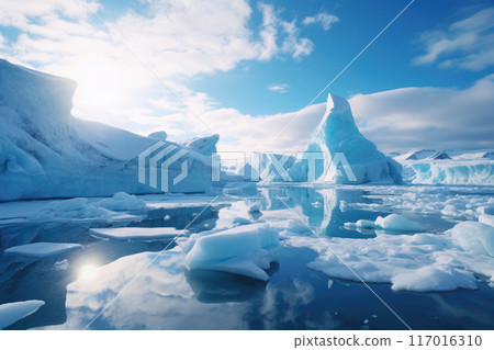 Arctic or Antarctic with bright blue ice formations and scattered ice floes, sunny sky Arctic or Antarctic with bright blue ice formations and scattered ice floes, sunny sky 117016310
