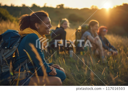 A group of people are walking through a field with backpacks A group of people are walking through a field with backpacks 117016503
