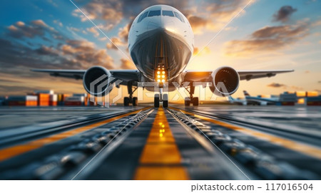 Loading cargo plane outside air freight logistic. Airmail shipping packages. Shipping boxes ready to be delivered 117016504