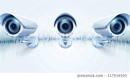 A row of security cameras are lined up in a row A row of security cameras are lined up in a row 117016505