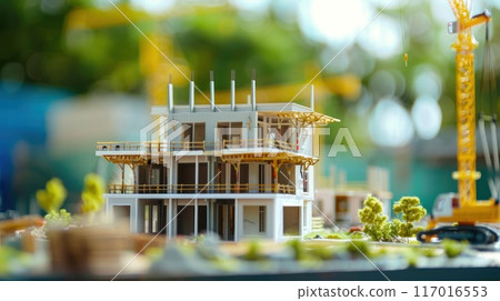 A model of a house with a crane in the background 117016553