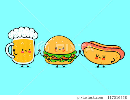 Cute, funny happy glass of beer, hot dog and hamburger . Vector hand drawn cartoon kawaii characters, illustration icon. Funny cartoon glass of beer hot dog and hamburger mascot friends concept Cute, funny happy glass of beer, hot dog and hamburger . Vector hand drawn cartoon kawaii characters, illustration icon. Funny cartoon glass of beer hot dog and hamburger mascot friends concept 117016558