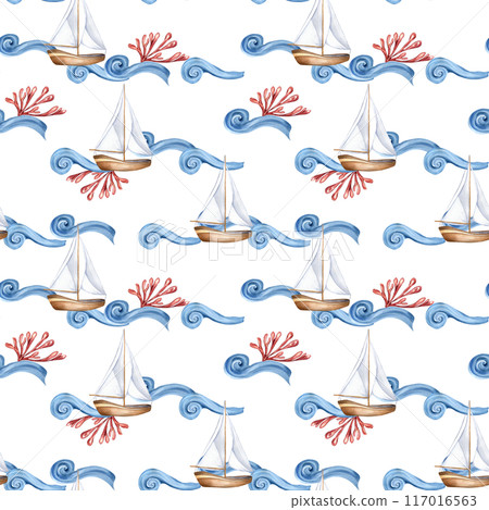 Small ship sailing on blue waves with red coral in watercolor seamless pattern. Pattern of sailboat in cute style. Nautical child illustration hand drawn. Marine design for textile, packaging, cover Small ship sailing on blue waves with red coral in watercolor seamless pattern. Pattern of sailboat in cute style. Nautical child illustration hand drawn. Marine design for textile, packaging, cover 117016563