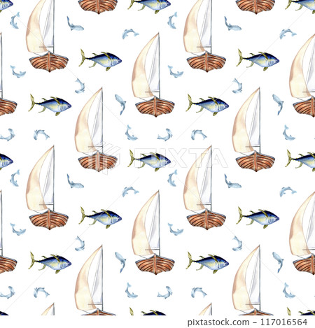 Seafaring in watercolor nautical pattern. Sailing ship and fish tuna hand drawn seamless design. Fish and boat on background isolated. Marine life element for textile, packaging, printed products Seafaring in watercolor nautical pattern. Sailing ship and fish tuna hand drawn seamless design. Fish and boat on background isolated. Marine life element for textile, packaging, printed products 117016564