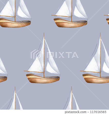 Simple ship in cute style beige tone watercolor seamless pattern isolated. Sailboat, vessel, sea transport hand drawn endless background. Childish nautical design for boys room, textile Simple ship in cute style beige tone watercolor seamless pattern isolated. Sailboat, vessel, sea transport hand drawn endless background. Childish nautical design for boys room, textile 117016565