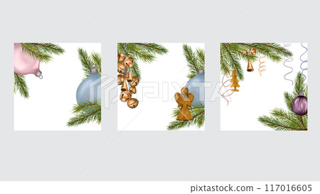 Christmas set with frames of pine tree branches with bells and balls in watercolor illustration isolated. Spruce and fir branches hand drawn. Border for design Christmas package, card, invitation. Christmas set with frames of pine tree branches with bells and balls in watercolor illustration isolated. Spruce and fir branches hand drawn. Border for design Christmas package, card, invitation. 117016605