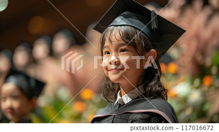 A young girl wearing a black graduation cap 117016672
