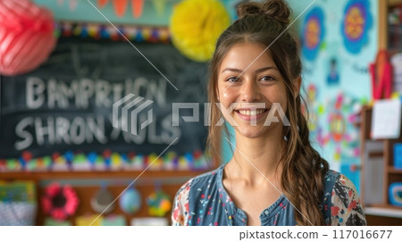 A teacher woman is standing in front of a chalkboard, Concept back to school 117016677