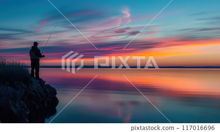 Peaceful Fishing Scene at Sunset with Angler in Silhouette Concept Calm Water and Colorful Sky Copyspace 117016696