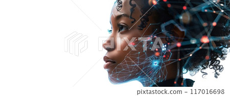 AI Woman's Face on White Background, Digital concept of an artificial intelligence woman's face 117016698