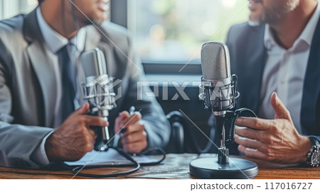 Podcaster and guest using high-end microphones, sitting at a modern table 117016727