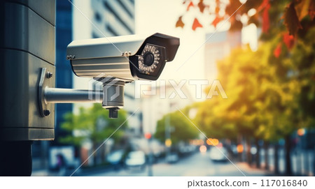 A camera is mounted on a pole in a city street 117016840
