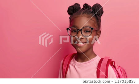 Back to school, cute black girl smiling with a backpack, glasses, plain background. 117016853