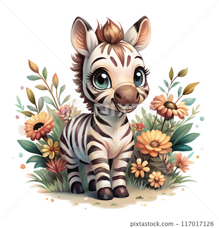Adorable Watercolor Chibi Baby Zebra Smiling Amidst Colorful Wildflowers: Kawaii Anime-Style Animal Illustration on White Background. Whimsical Chibi Zebra Artwork: Adorable Kawaii Baby Zebra with Adorable Watercolor Chibi Baby Zebra Smiling Amidst Colorful Wildflowers: Kawaii Anime-Style Animal Illustration on White Background. Whimsical Chibi Zebra Artwork: Adorable Kawaii Baby Zebra with 117017126