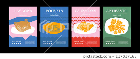 Italian food set vector illustration. Engraved lasagna, polenta, cannelloni, antipasto, bundle of traditional dishes, homemade and restaurant dinner dishes and sauces cooking in cuisine of Italy Italian food set vector illustration. Engraved lasagna, polenta, cannelloni, antipasto, bundle of traditional dishes, homemade and restaurant dinner dishes and sauces cooking in cuisine of Italy 117017165