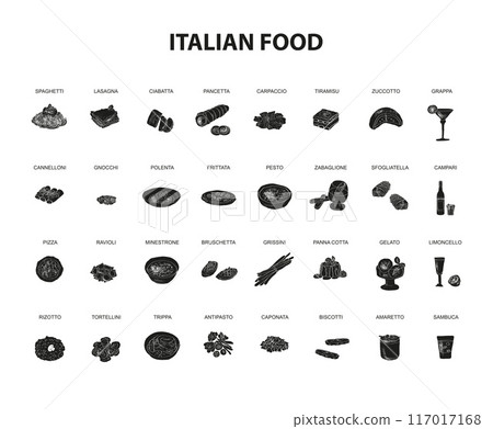 Italian food set vector illustration. Isolated pizza and pasta, fried fastfood snacks with cheese and desserts, homemade and restaurant dinner dishes and sauces cooking in cuisine of Italy Italian food set vector illustration. Isolated pizza and pasta, fried fastfood snacks with cheese and desserts, homemade and restaurant dinner dishes and sauces cooking in cuisine of Italy 117017168