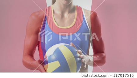Image of flag of austria over caucasian female volleyball player Image of flag of austria over caucasian female volleyball player 117017516