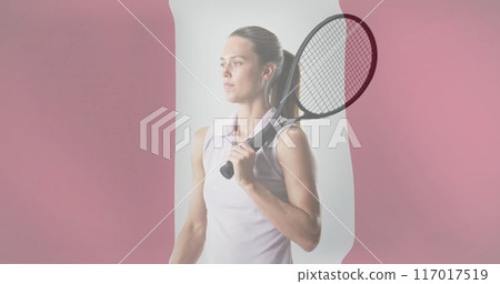 Image of flag of austria over caucasian female tennis player 117017519