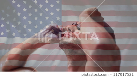Image of flag of usa over biracial male swimmer Image of flag of usa over biracial male swimmer 117017521