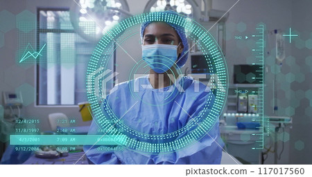 Image of scope scanning and data processing over biracial female surgeon in operating theatre Image of scope scanning and data processing over biracial female surgeon in operating theatre 117017560