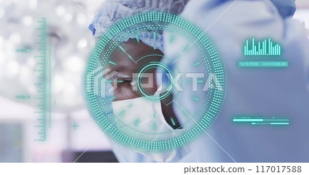 Image of scope scanning and data processing over african american surgeon in operating theatre 117017588