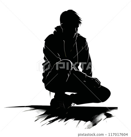 Black silhouette of a seated man on white background. Black silhouette of a seated man on white background. 117017604