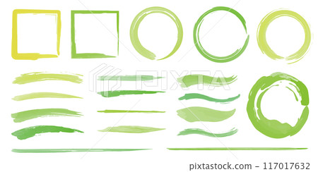 Brush, yellow-green, green, decoration, watercolor style, set, lines, circles and squares Brush, yellow-green, green, decoration, watercolor style, set, lines, circles and squares 117017632