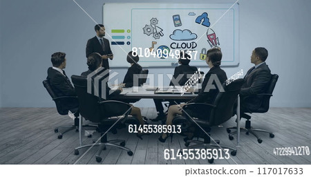 Image of numbers processing over diverse business people in office Image of numbers processing over diverse business people in office 117017633