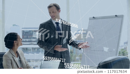 Image of numbers processing over diverse business people in office Image of numbers processing over diverse business people in office 117017634