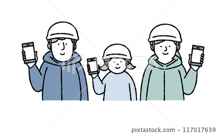Vector illustration of a family wearing helmets and holding smartphones 117017639