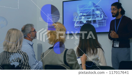 Image of data processing over diverse business people in office 117017641