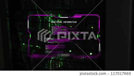 Analyzing information text image over green and black digital matrix background 117017669