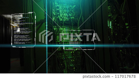 AI data coding image over server racks with green lighting AI data coding image over server racks with green lighting 117017678