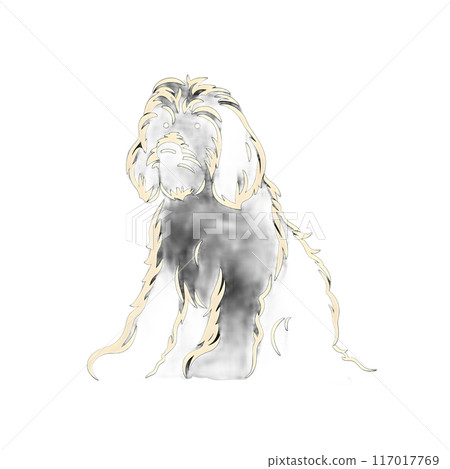 Black silhouette of a furry dog on black background. 117017769