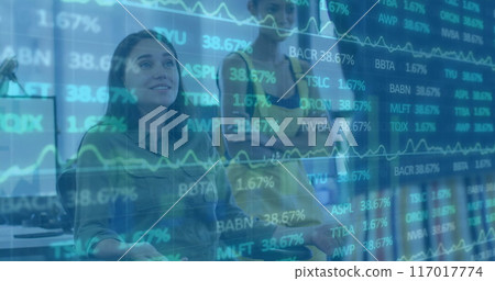 Stock market data image over business people discussing in office 117017774